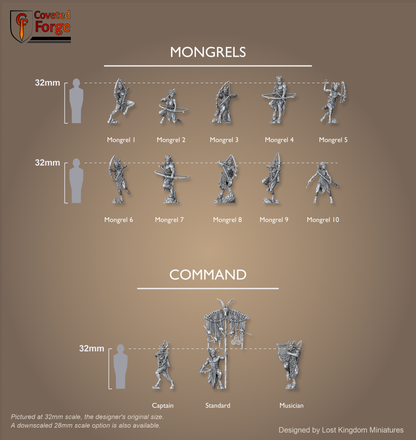 Mongrels scale lineup, 10 poses plus command beside a 32mm human, scale note