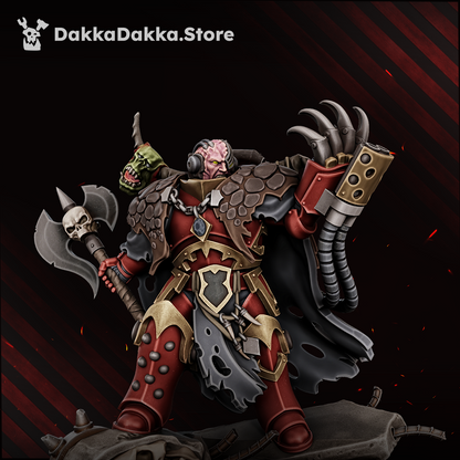 Morkidd Drake The Terrorstorm close-up: bare head with vox headset, skull axe and clawed gauntlet, Dakka Dakka Store render