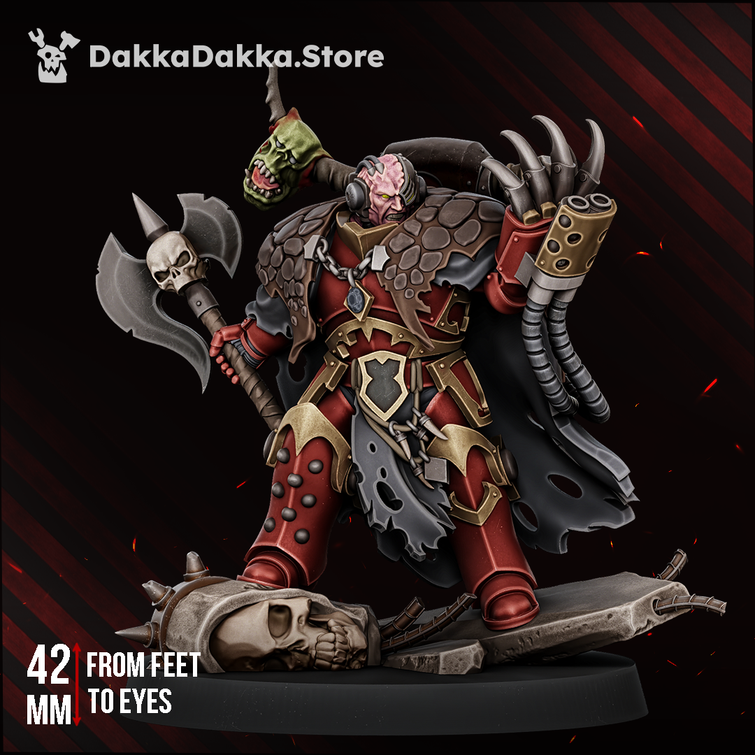 Morkidd Drake The Terrorstorm, power-armoured warlord with a skull axe and clawed gauntlet on a scenic base, front view, 32mm resin miniature by Dakka Dakka Store