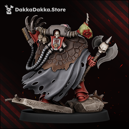 Morkidd Drake The Terrorstorm rear three-quarter view: hide mantle, wrist-gun hoses and the trophy spike, Dakka Dakka Store render