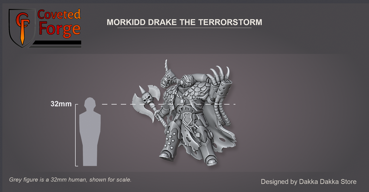 Coveted Forge scale reference: Morkidd Drake The Terrorstorm, front view, beside a 32mm human silhouette