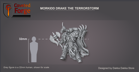 Coveted Forge scale reference: Morkidd Drake The Terrorstorm, front view, beside a 32mm human silhouette