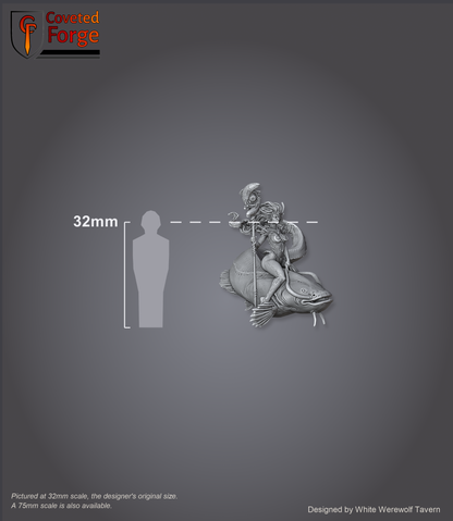 Scale reference: Morwenna on her catfish at 32mm scale beside a 32mm human silhouette