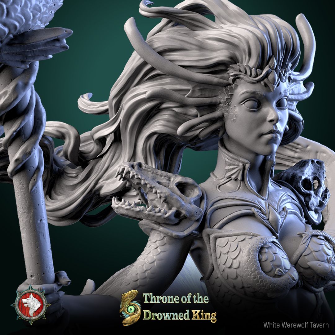 Render of Morwenna Lost Maiden | 32-75mm Swamp Rider Miniature: Swamp maiden riding a giant catfish with fish-totem staff, from White Werewolf's Throne of the Drowned King. 32-75mm 3D printed resin miniature.