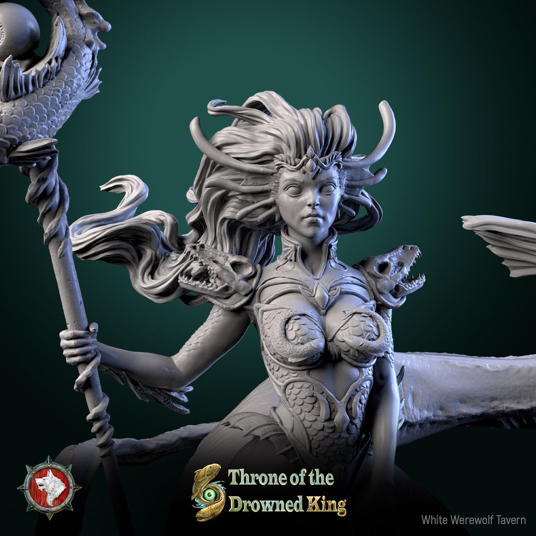 Render of Morwenna Lost Maiden | 32-75mm Swamp Rider Miniature: Swamp maiden riding a giant catfish with fish-totem staff, from White Werewolf's Throne of the Drowned King. 32-75mm 3D printed resin miniature.
