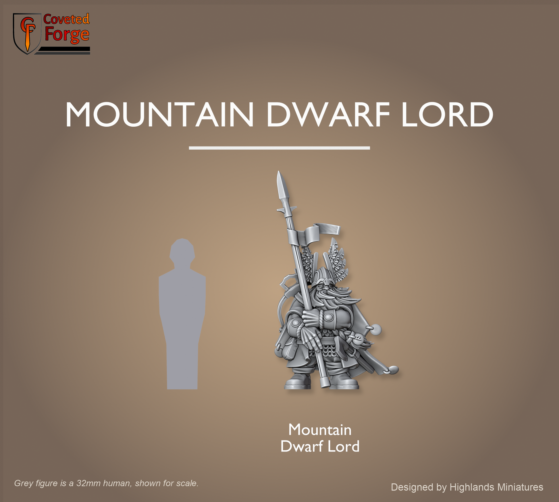 Mountain Dwarf Lord beside a 32mm human silhouette for scale
