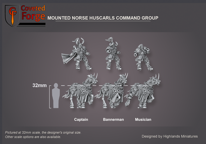 Coveted Forge scale reference: the Mounted Norse Huscarls Command Group captain, bannerman and musician riders turned three-quarter so the horse profile reads, floated above their barded horses beside a 32mm human silhouette; rider and horse are separate pieces, flail, banner and horn hand are separate parts