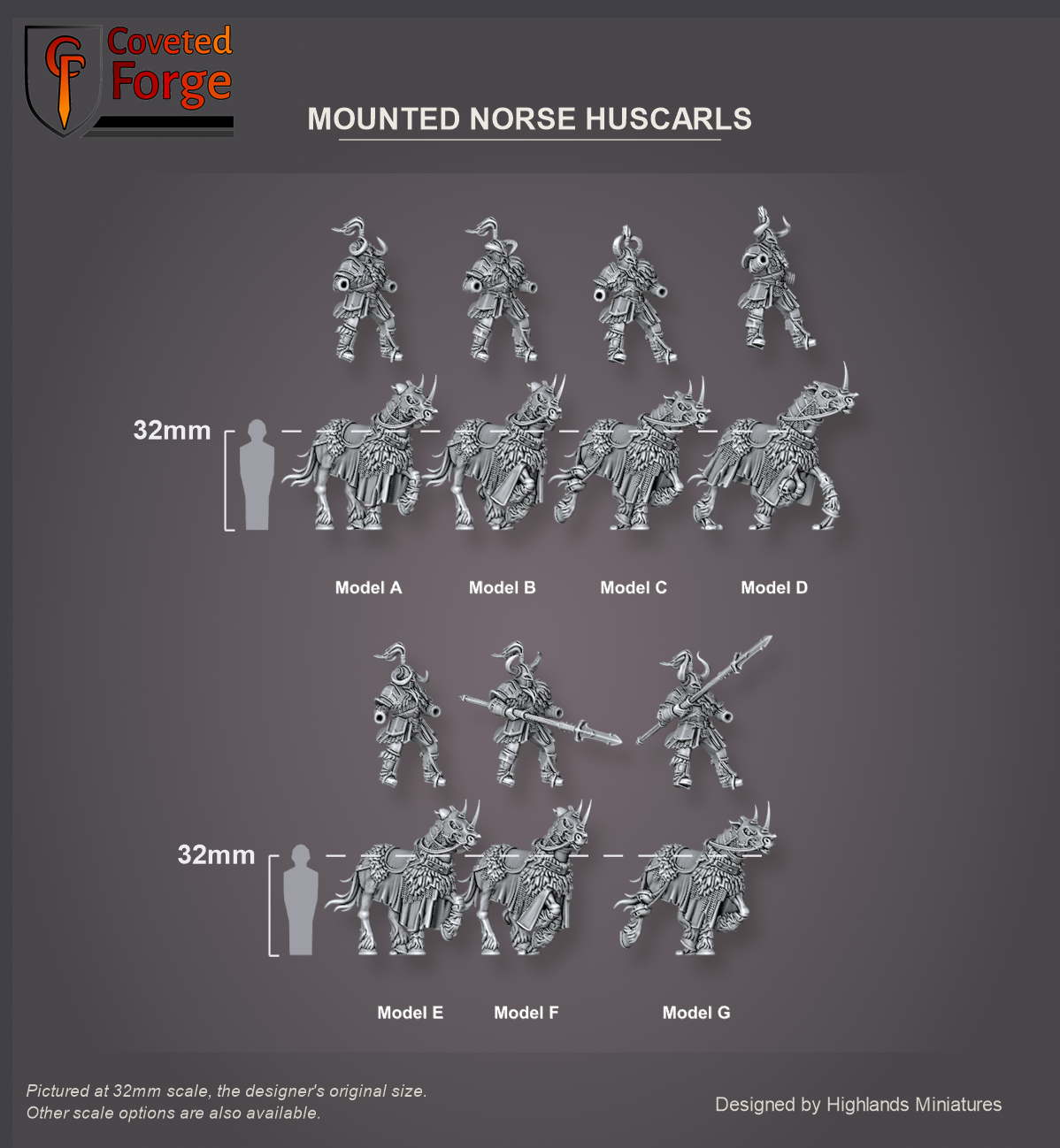 Coveted Forge scale reference: the seven Mounted Norse Huscarl riders, Model A to G, turned three-quarter so the horse profile and stance read, floated above their barded horses beside a 32mm human silhouette; rider and horse are separate pieces, spear arms and shields are separate parts