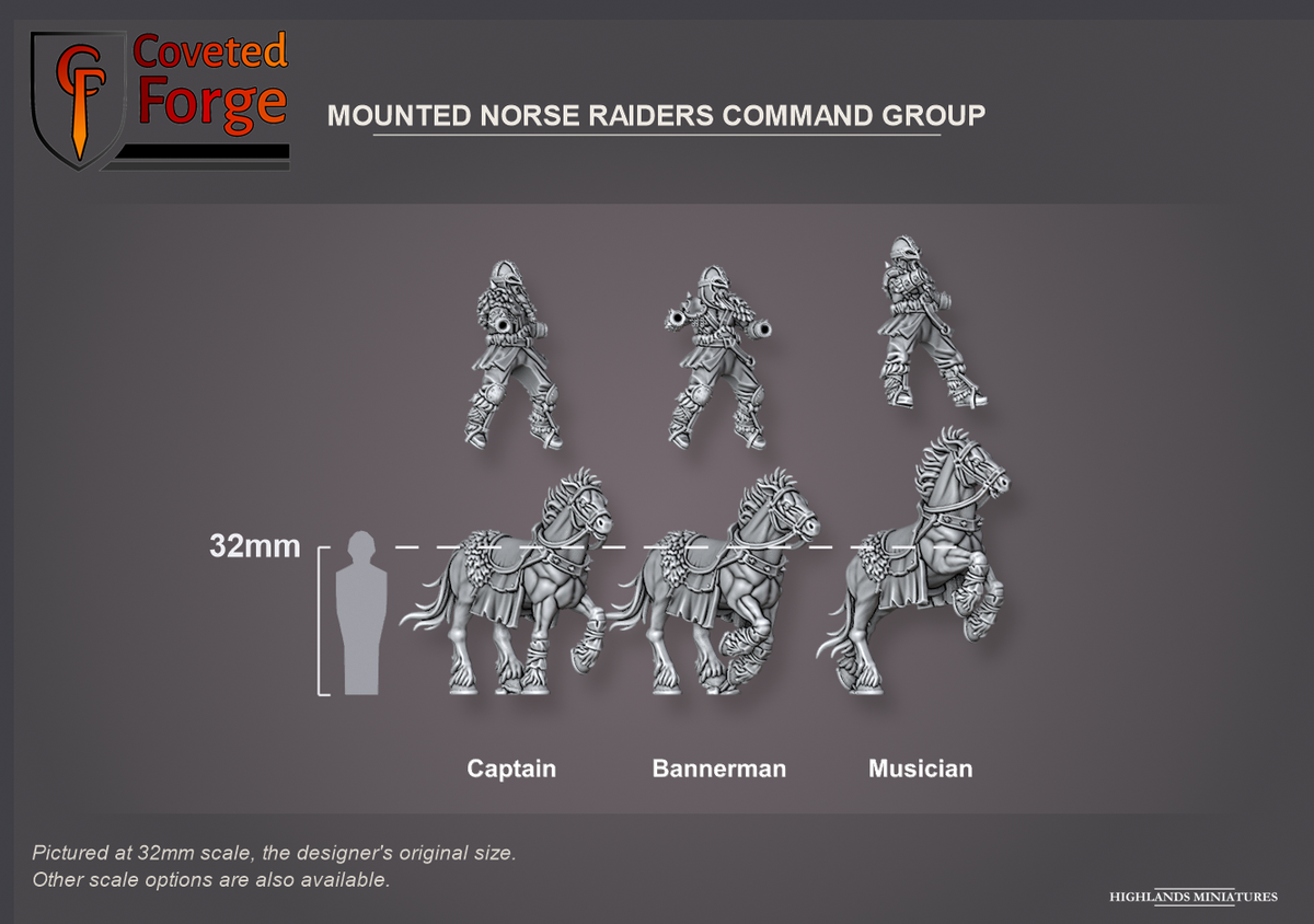 Coveted Forge scale reference: the Mounted Norse Raiders captain, bannerman and musician, riders floated above their horses, beside a 32mm human silhouette; banner and horn are separate pieces