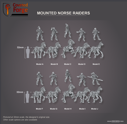 Coveted Forge scale reference: the ten Mounted Norse Raiders, Model A to J, riders floated above their horses, beside a 32mm human silhouette