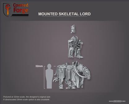Coveted Forge scale reference: Mounted Skeletal Lord Battle Standard Bearer, the Mounted Lord beside a 32mm human silhouette, side three-quarter view: the Rider Only (No Horse) piece is floated above the Horse Only piece and the crowned head above the rider to show they are separate pieces; the banner and lance are printed separately and not shown; pictured at 32mm, the original scale, a downscaled 28mm option is also available