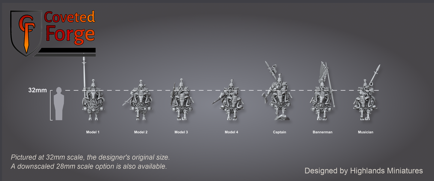 Mounted Dwarfs scale lineup: seven complete dwarf goat-riders with a 32mm human for scale