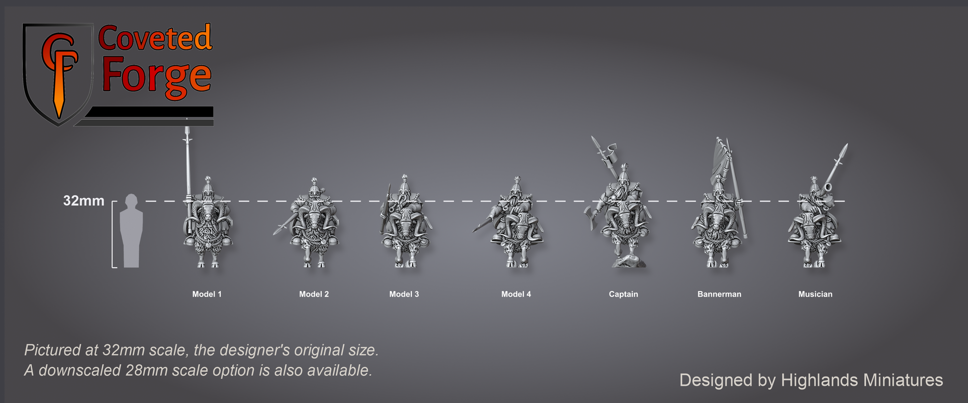 Mounted Dwarfs scale lineup: seven complete dwarf goat-riders with a 32mm human for scale