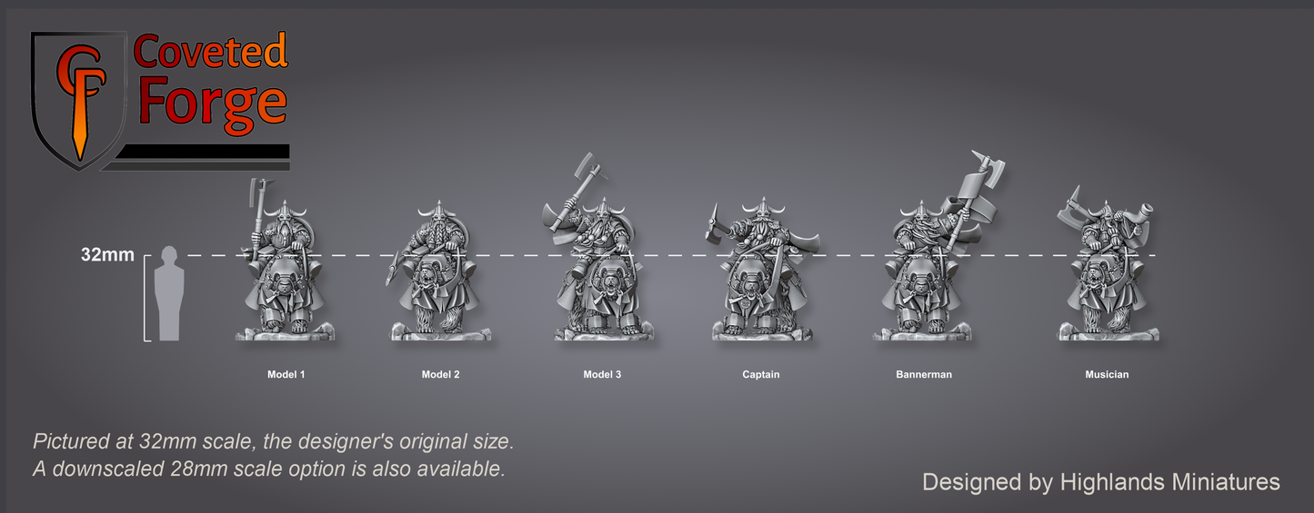 Mounted Heavy Dwarfs scale lineup: six complete dwarf bear-riders with a 32mm human for scale
