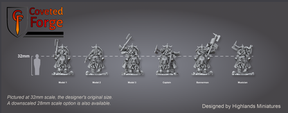 Mounted Heavy Dwarfs scale lineup: six complete dwarf bear-riders with a 32mm human for scale
