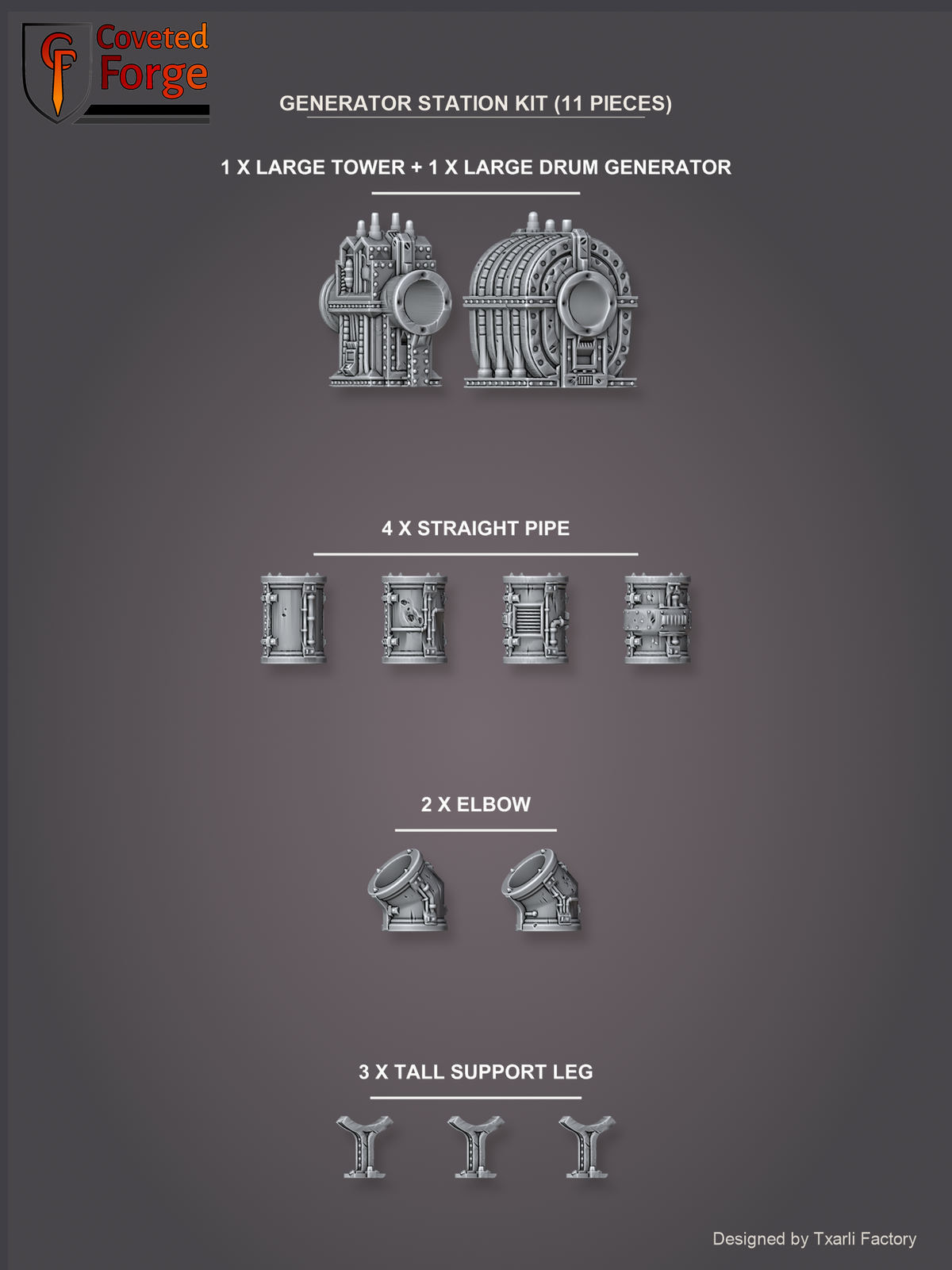 Generator Station Kit (11 pieces): 1 Large Tower Generator, 1 Large Drum Generator, 4 Straight Pipes, 2 Elbows, 3 Tall Support Legs (Coveted Forge render)