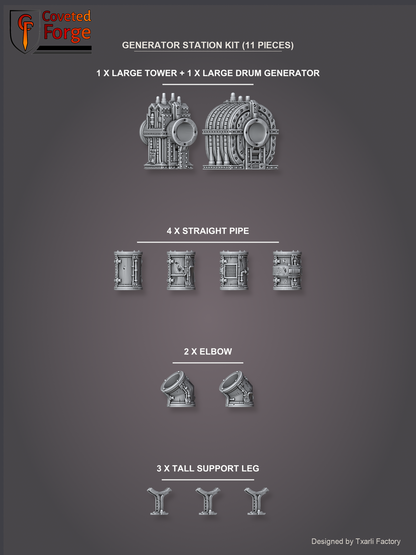Generator Station Kit (11 pieces): 1 Large Tower Generator, 1 Large Drum Generator, 4 Straight Pipes, 2 Elbows, 3 Tall Support Legs (Coveted Forge render)