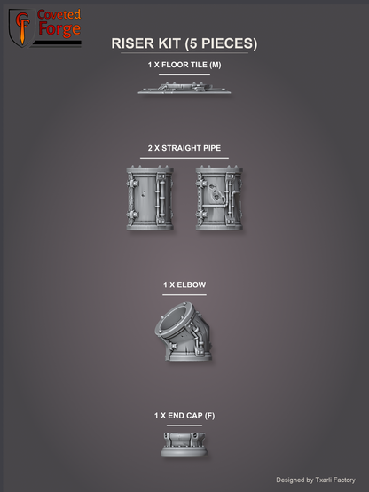 Riser Kit (5 pieces): 1 Floor Tile (M), 2 Straight Pipes, 1 Elbow, 1 End Cap (F) (Coveted Forge render)