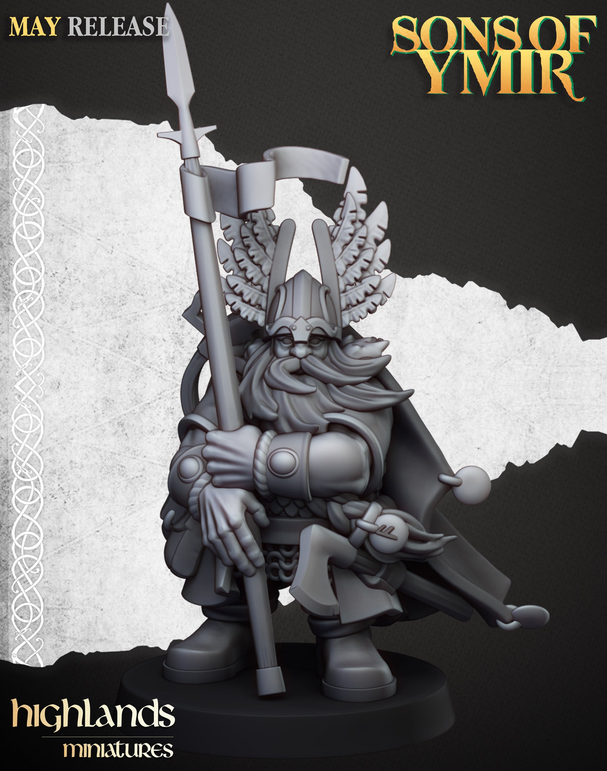 Mountain Dwarf Lord in winged helm with spear and banner, a dwarf army general