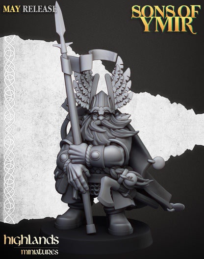 Mountain Dwarf Lord in winged helm with spear and banner, a dwarf army general