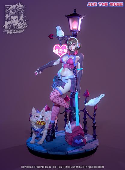 Jun the Muse, anime idol pin-up with headphones on a neon lamppost street scene, painted resin display figure by Ronin Arts Workshop / GreenUCorm.