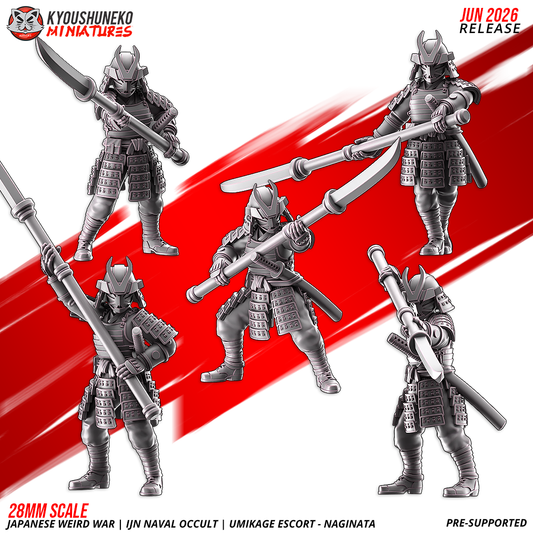 Render of Umikage Escorts Naginata | 15-54mm Weird War Japanese Resin: Imperial Japanese weird-war occult escort squad with naginata. 3D printed resin in 28mm and other scales. Proxy close-combat infantry, Konflikt '47 compatible.