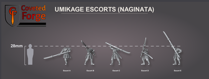 Umikage naginata escorts scale lineup, five poses beside a 28mm human