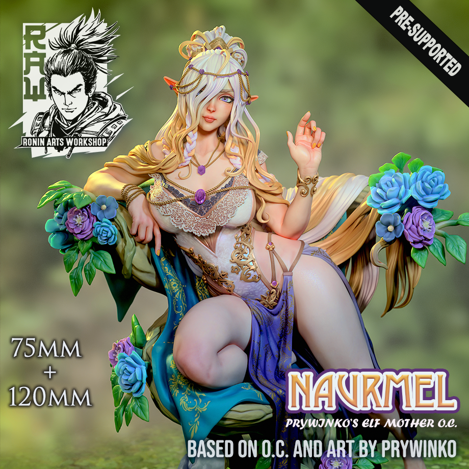 Naurmel, elf mother pin-up display figure in colour, designer render by Ronin Arts Workshop of Prywinko's character.