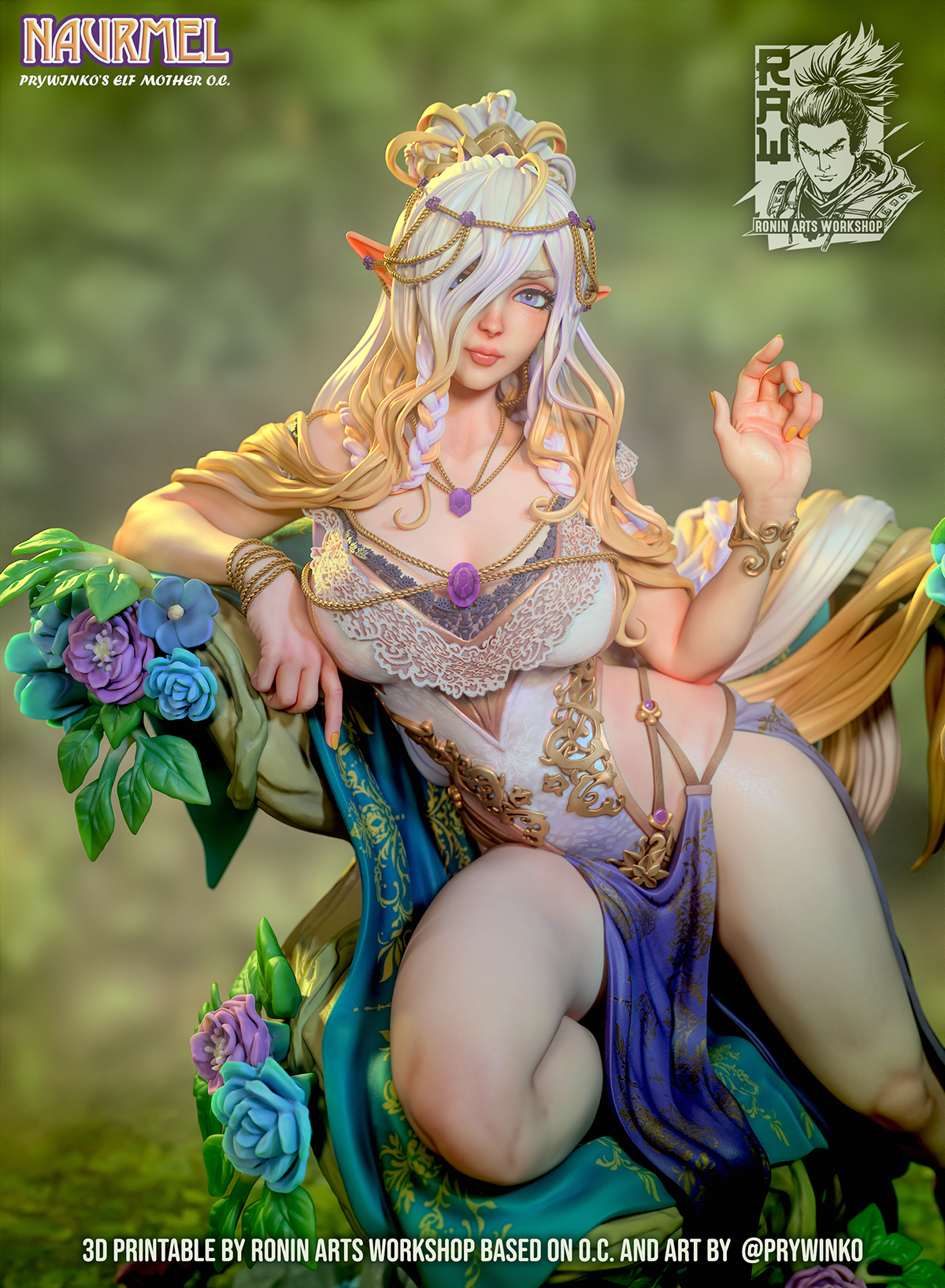 Naurmel, close-up of the face, headdress and lace bodice, designer render.
