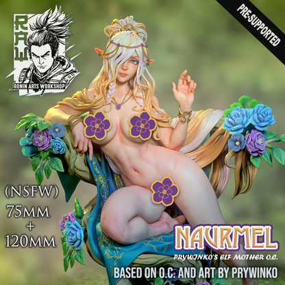 NSFW: Naurmel, the Nude style of the elf mother pin-up, designer's censored preview render by Ronin Arts Workshop.
