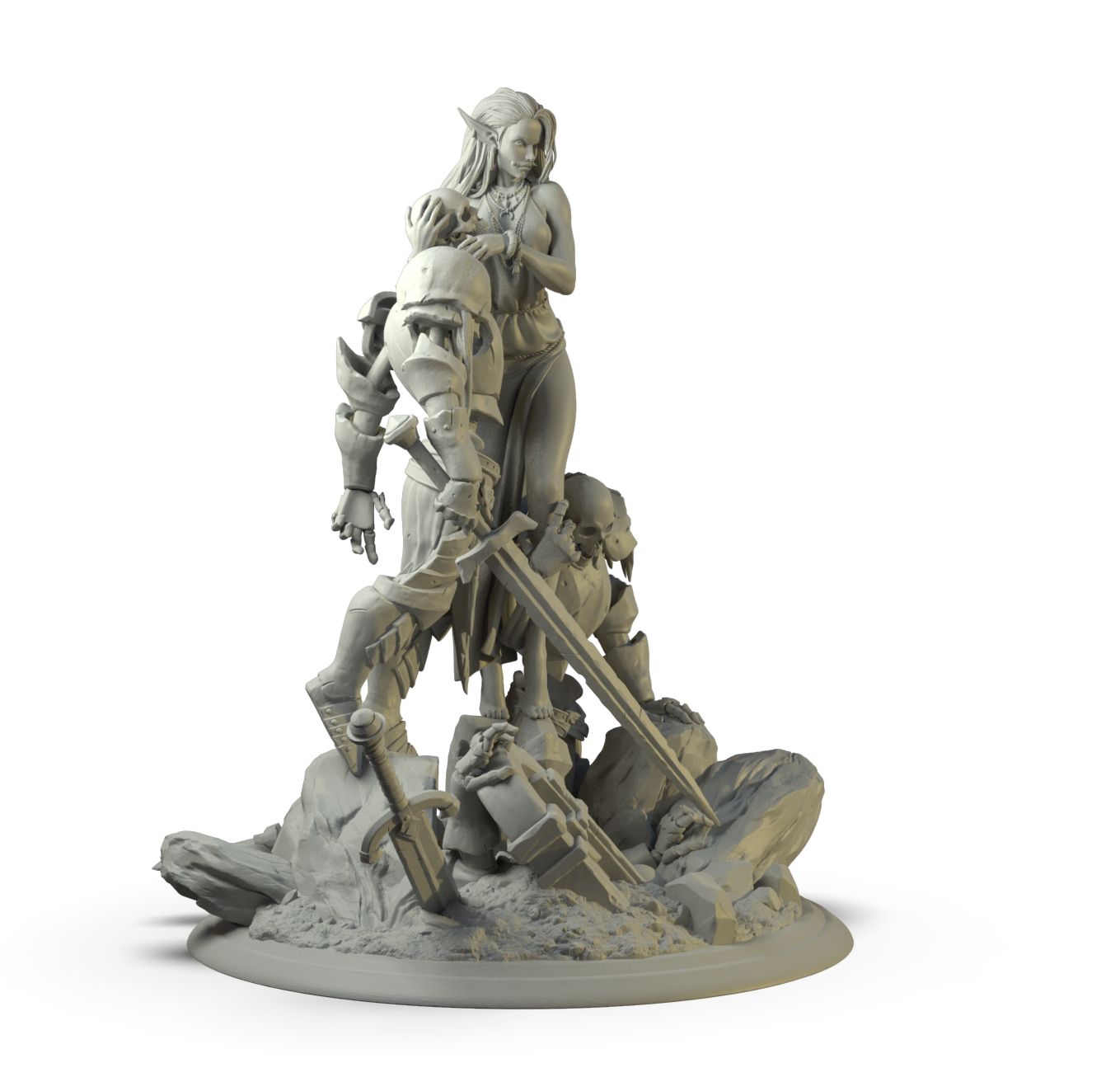 Render of Laedria the Necromancer Diorama | Dark Fantasy Display Centerpiece: An elf necromancer raising two armored skeleton warriors from a ruined graveyard, by White Werewolf Tavern. 3D printed resin display diorama.