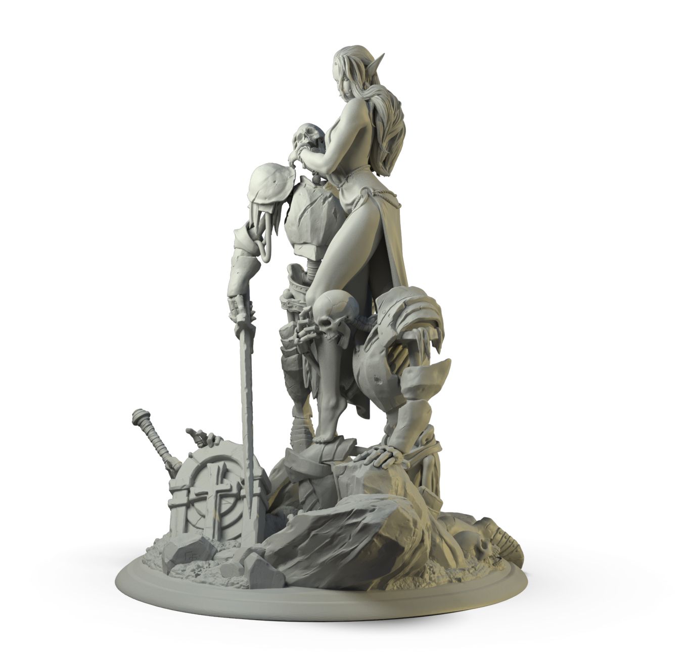Render of Laedria the Necromancer Diorama | Dark Fantasy Display Centerpiece: An elf necromancer raising two armored skeleton warriors from a ruined graveyard, by White Werewolf Tavern. 3D printed resin display diorama.