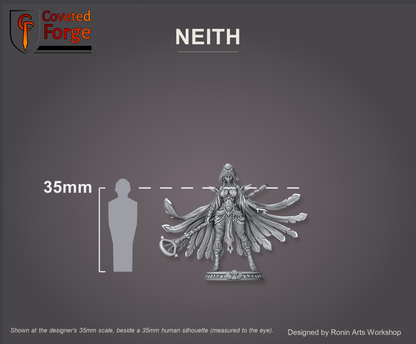 Neith, The Eye of Truth shown at the designer's 35mm scale, beside a 35mm human silhouette (measured to the eye), feet aligned to the top of the model's base, on a charcoal studio backdrop. Ronin Arts Workshop.
