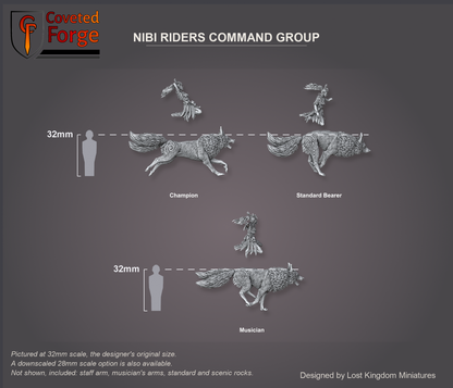 Coveted Forge scale reference and model key beside a 32mm human silhouette: Champion, Standard Bearer and Musician in side view, fox and rider body with each rider floated above its fox because rider and fox are separate prints; the Full Command includes every model; the staff arm, the musician's arms, the standard and the scenic rocks print separately and are not shown; a 28mm downscale also available
