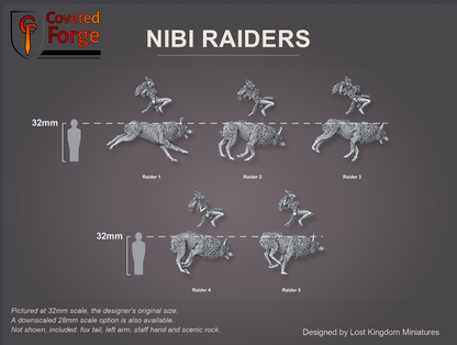 Coveted Forge scale reference and model key beside a 32mm human silhouette: Raider 1, Raider 2, Raider 3, Raider 4 and Raider 5 in side view, fox and rider body with each rider floated above its fox because rider and fox are separate prints; the Complete Set includes every model; the fox tails, left arms, lantern-staff hands and scenic rocks print separately and are not shown; a 28mm downscale also available