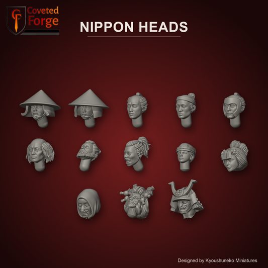 Nippon Heads by Kyoushuneko Miniatures: one head of each of the 13 styles in warm clay on a dark crimson backdrop, Ashigaru Dynamic, Ashigaru Idle, Ashigaru Bare, Ashigaru Hachimaki, Ashigaru Happuri, Ashigaru Loose Hair, Crab Clan Berserkers, Crab Clan Engineers, Onna Bushi Matchlock, Onna-Musha Ronin Archers, Scorpion Clan Ninjas, Kabuki Dolls, Samurai Swordsmen, unpainted 3D-printed resin heads for 28mm, 32mm and 35mm conversions.
