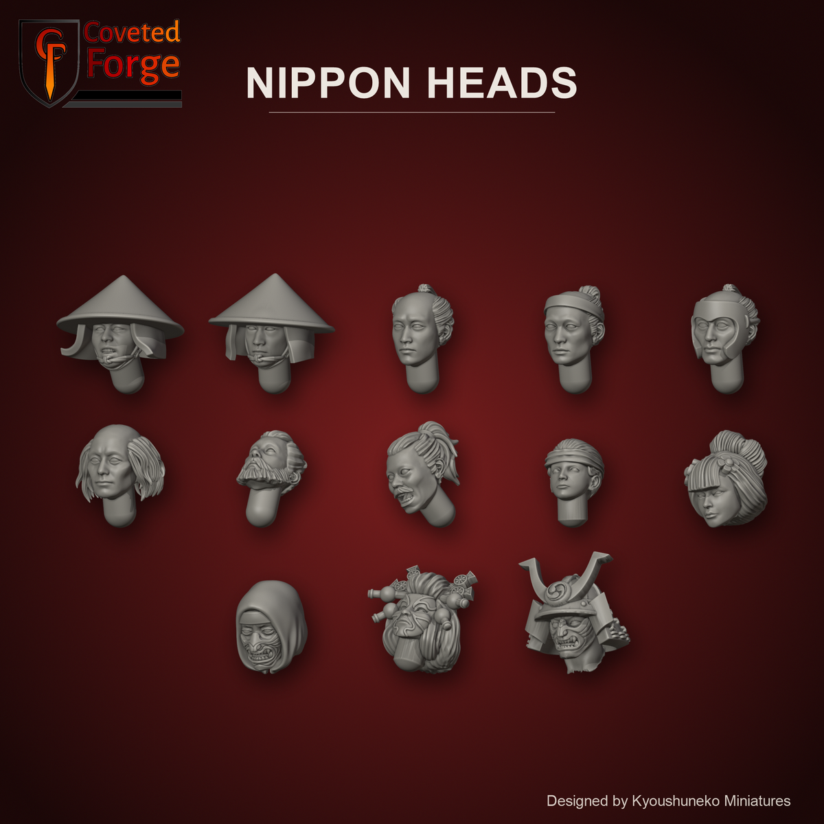 Nippon Heads by Kyoushuneko Miniatures: one head of each of the 13 styles in warm clay on a dark crimson backdrop, Ashigaru Dynamic, Ashigaru Idle, Ashigaru Bare, Ashigaru Hachimaki, Ashigaru Happuri, Ashigaru Loose Hair, Crab Clan Berserkers, Crab Clan Engineers, Onna Bushi Matchlock, Onna-Musha Ronin Archers, Scorpion Clan Ninjas, Kabuki Dolls, Samurai Swordsmen, unpainted 3D-printed resin heads for 28mm, 32mm and 35mm conversions.