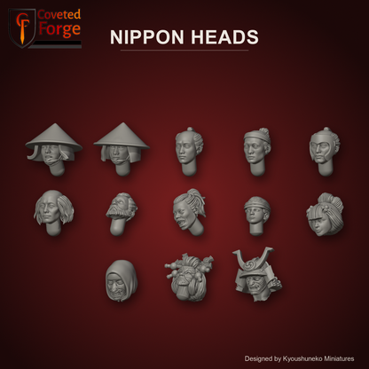 Nippon Heads by Kyoushuneko Miniatures: one head of each of the 13 styles in warm clay on a dark crimson backdrop, Ashigaru Dynamic, Ashigaru Idle, Ashigaru Bare, Ashigaru Hachimaki, Ashigaru Happuri, Ashigaru Loose Hair, Crab Clan Berserkers, Crab Clan Engineers, Onna Bushi Matchlock, Onna-Musha Ronin Archers, Scorpion Clan Ninjas, Kabuki Dolls, Samurai Swordsmen, unpainted 3D-printed resin heads for 28mm, 32mm and 35mm conversions.