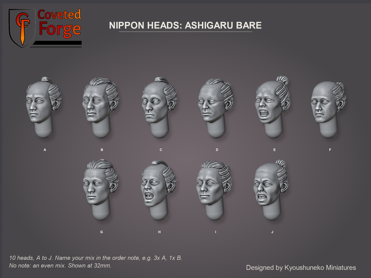Coveted Forge bits sheet: Heads (3 of 13), Nippon Heads Ashigaru Bare style guide, 10 different heads lettered A to J to name in the order note, shown at 32mm, resin heads with neck pegs by Kyoushuneko Miniatures.