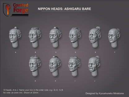 Coveted Forge bits sheet: Heads (3 of 13), Nippon Heads Ashigaru Bare style guide, 10 different heads lettered A to J to name in the order note, shown at 32mm, resin heads with neck pegs by Kyoushuneko Miniatures.
