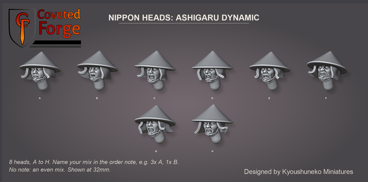 Coveted Forge bits sheet: Heads (1 of 13), Nippon Heads Ashigaru Dynamic style guide, 8 different heads lettered A to H to name in the order note, shown at 32mm, resin heads with neck pegs by Kyoushuneko Miniatures.