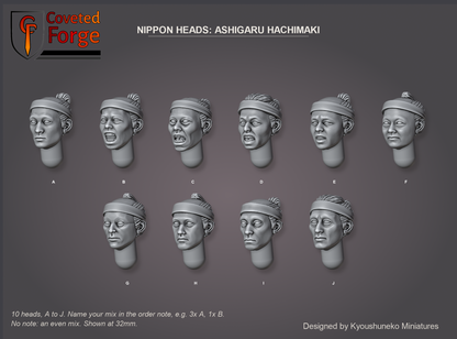 Coveted Forge bits sheet: Heads (4 of 13), Nippon Heads Ashigaru Hachimaki style guide, 10 different heads lettered A to J to name in the order note, shown at 32mm, resin heads with neck pegs by Kyoushuneko Miniatures.