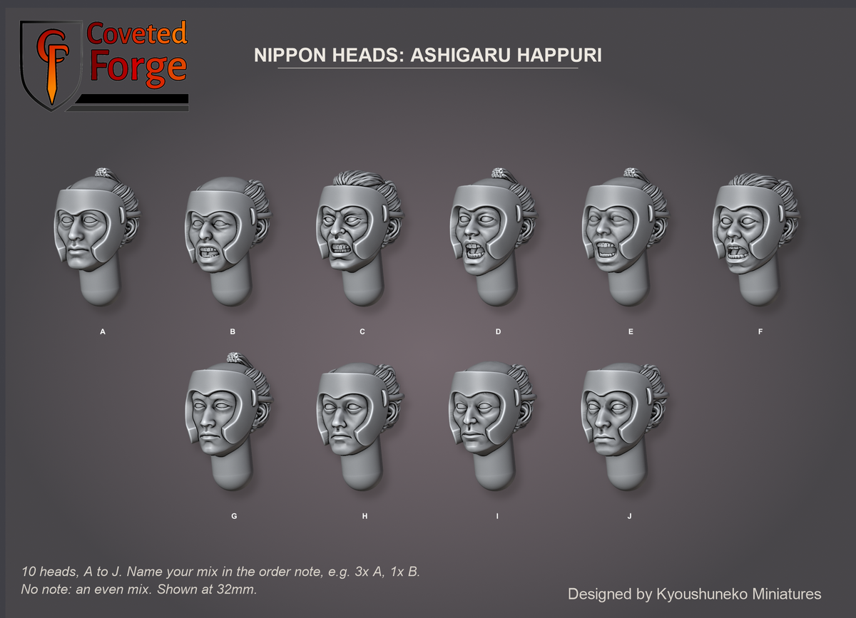 Coveted Forge bits sheet: Heads (5 of 13), Nippon Heads Ashigaru Happuri style guide, 10 different heads lettered A to J to name in the order note, shown at 32mm, resin heads with neck pegs by Kyoushuneko Miniatures.