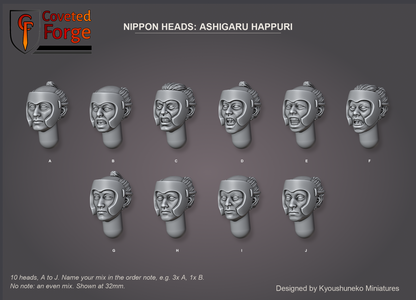 Coveted Forge bits sheet: Heads (5 of 13), Nippon Heads Ashigaru Happuri style guide, 10 different heads lettered A to J to name in the order note, shown at 32mm, resin heads with neck pegs by Kyoushuneko Miniatures.