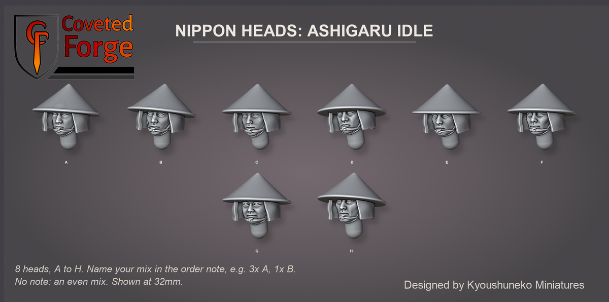 Coveted Forge bits sheet: Heads (2 of 13), Nippon Heads Ashigaru Idle style guide, 8 different heads lettered A to H to name in the order note, shown at 32mm, resin heads with neck pegs by Kyoushuneko Miniatures.
