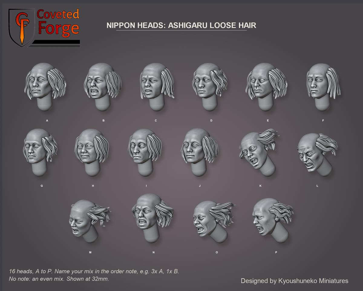 Coveted Forge bits sheet: Heads (6 of 13), Nippon Heads Ashigaru Loose Hair style guide, 16 different heads lettered A to P to name in the order note, shown at 32mm, resin heads with neck pegs by Kyoushuneko Miniatures.