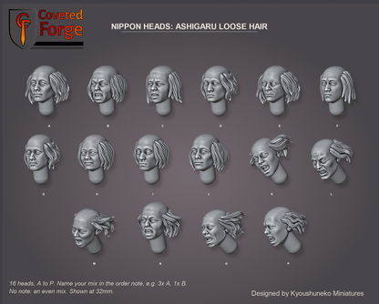 Coveted Forge bits sheet: Heads (6 of 13), Nippon Heads Ashigaru Loose Hair style guide, 16 different heads lettered A to P to name in the order note, shown at 32mm, resin heads with neck pegs by Kyoushuneko Miniatures.