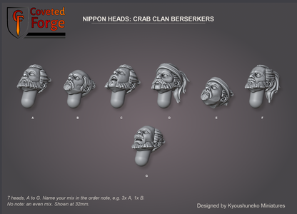 Coveted Forge bits sheet: Heads (7 of 13), Nippon Heads Crab Clan Berserkers style guide, 7 different heads lettered A to G to name in the order note, shown at 32mm, resin heads with neck pegs by Kyoushuneko Miniatures.