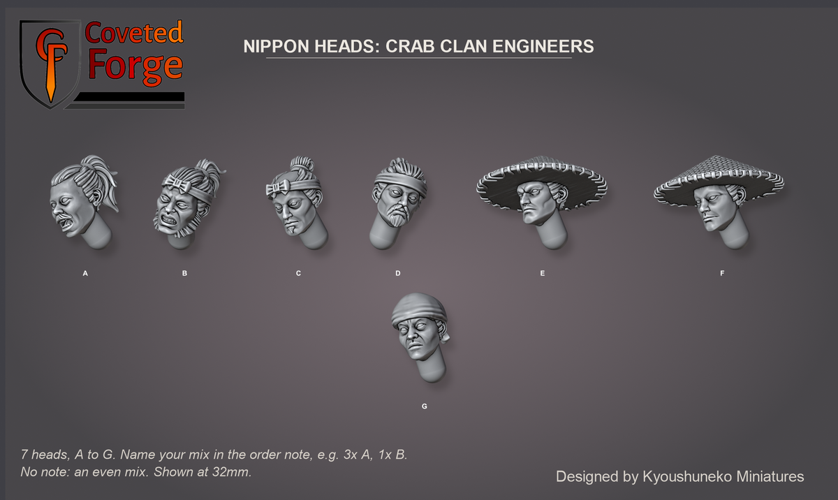 Coveted Forge bits sheet: Heads (8 of 13), Nippon Heads Crab Clan Engineers style guide, 7 different heads lettered A to G to name in the order note, shown at 32mm, resin heads with neck pegs by Kyoushuneko Miniatures.