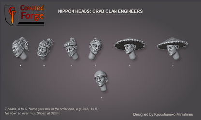Coveted Forge bits sheet: Heads (8 of 13), Nippon Heads Crab Clan Engineers style guide, 7 different heads lettered A to G to name in the order note, shown at 32mm, resin heads with neck pegs by Kyoushuneko Miniatures.